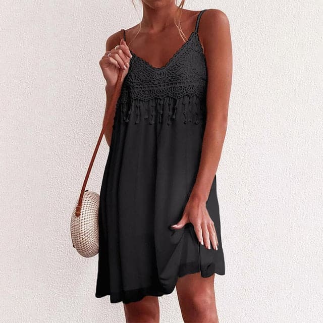 CM | Cuello en V, tirantes abiertos, encaje blanco, sin mangas, suelto, elegante, mini vestido
