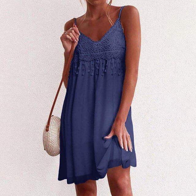 CM | Cuello en V, tirantes abiertos, encaje blanco, sin mangas, suelto, elegante, mini vestido