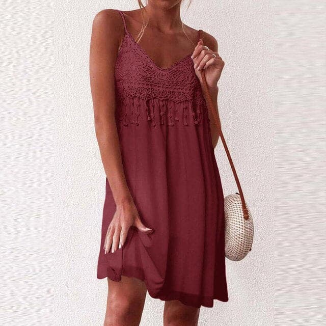 CM | Cuello en V, tirantes abiertos, encaje blanco, sin mangas, suelto, elegante, mini vestido