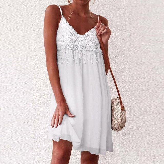 CM | Cuello en V, tirantes abiertos, encaje blanco, sin mangas, suelto, elegante, mini vestido