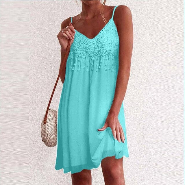 CM | Cuello en V, tirantes abiertos, encaje blanco, sin mangas, suelto, elegante, mini vestido