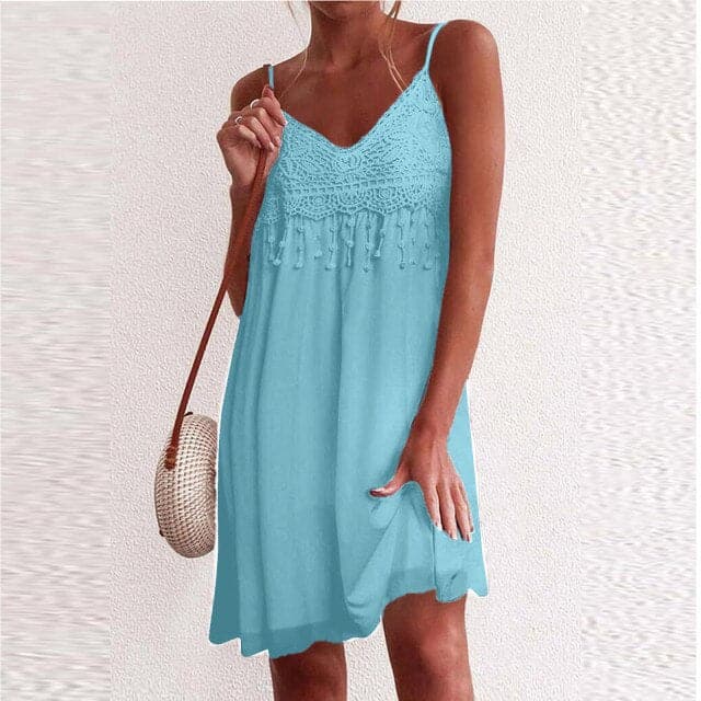 CM | Cuello en V, tirantes abiertos, encaje blanco, sin mangas, suelto, elegante, mini vestido
