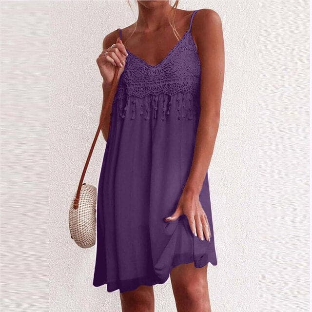 CM | Cuello en V, tirantes abiertos, encaje blanco, sin mangas, suelto, elegante, mini vestido