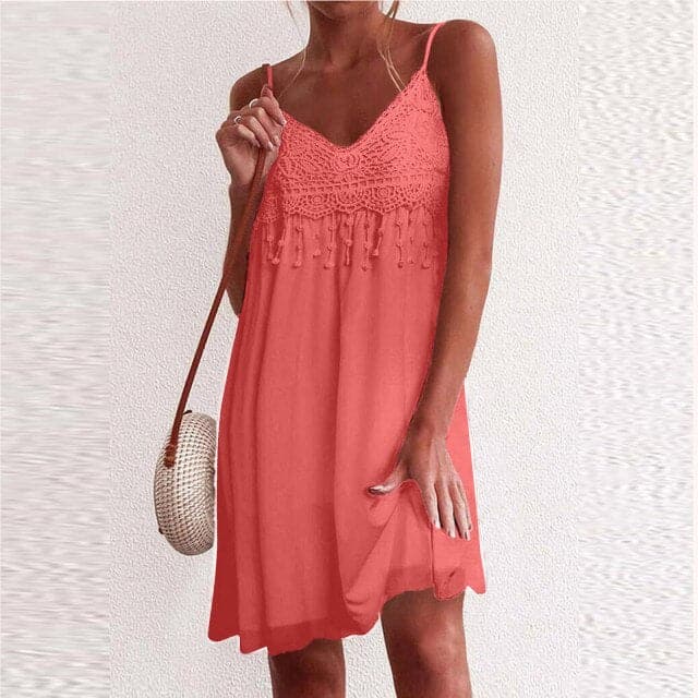 CM | Cuello en V, tirantes abiertos, encaje blanco, sin mangas, suelto, elegante, mini vestido