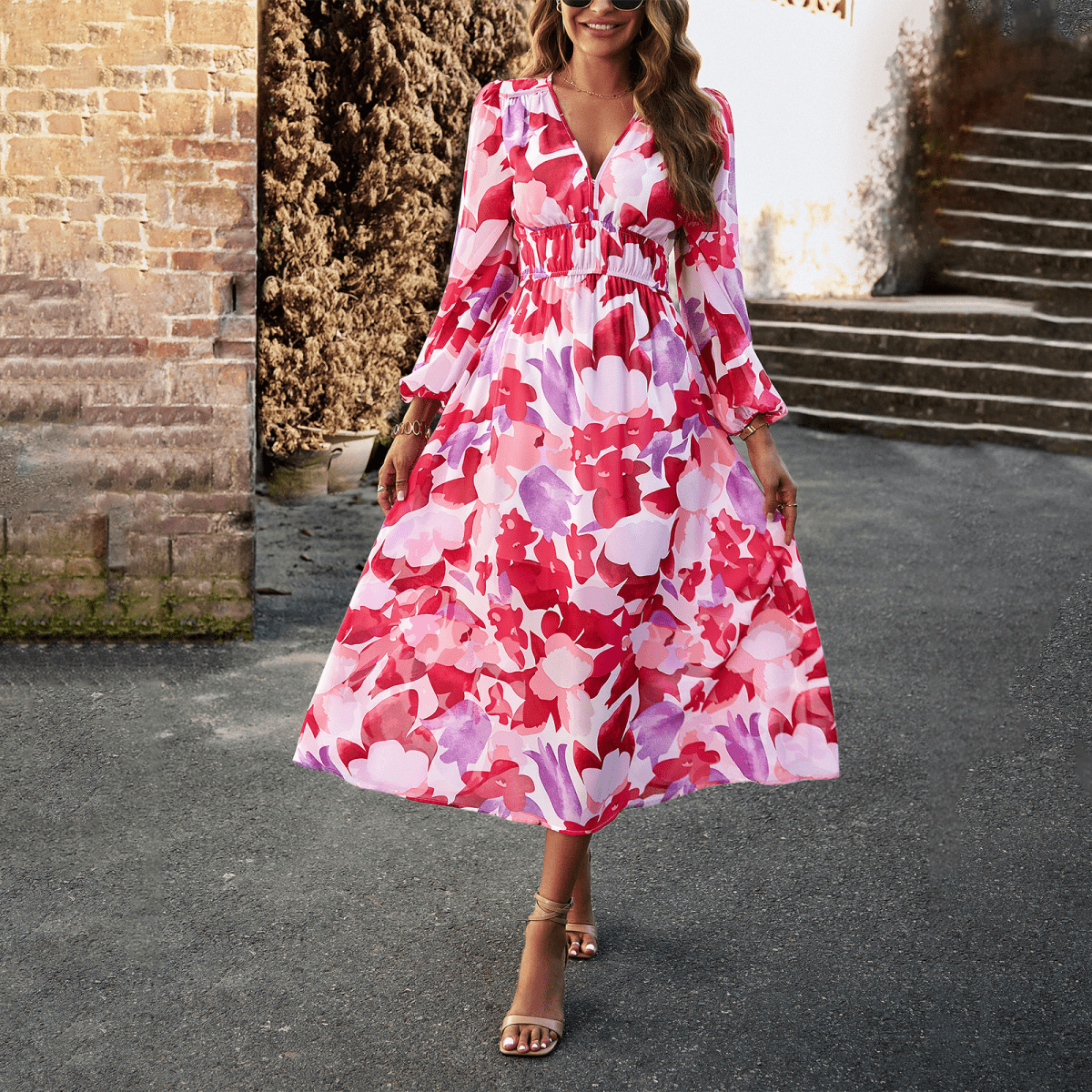 CM | elegante vestido largo de mujer con cintura fruncida