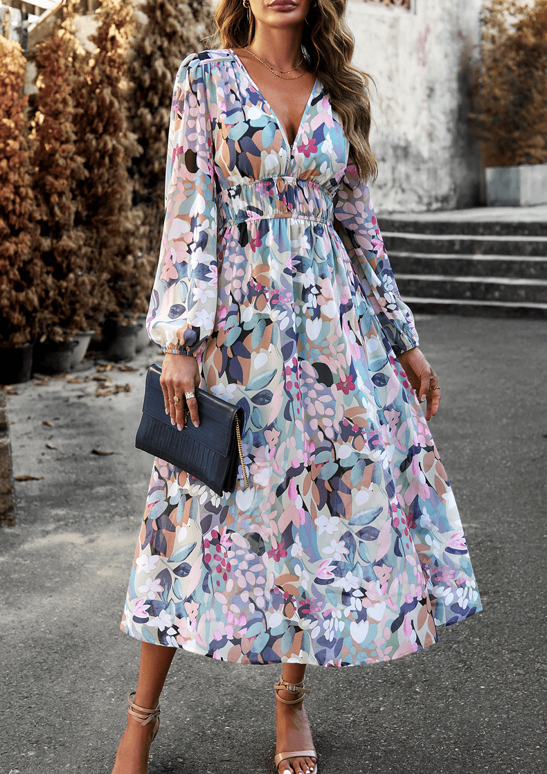 CM | elegante vestido largo de mujer con cintura fruncida