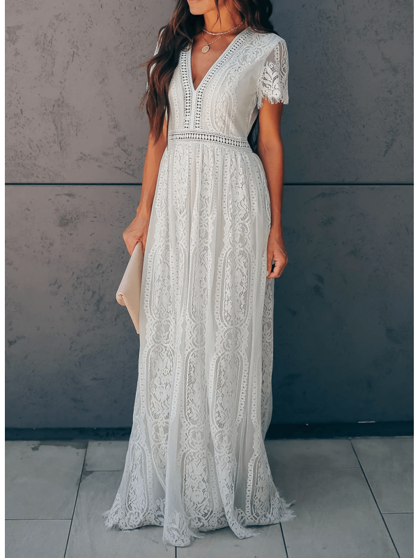 CM | Maxi vestido de manga corta, escote en V y encaje