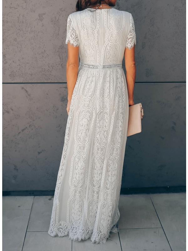 CM | Maxi vestido de manga corta, escote en V y encaje