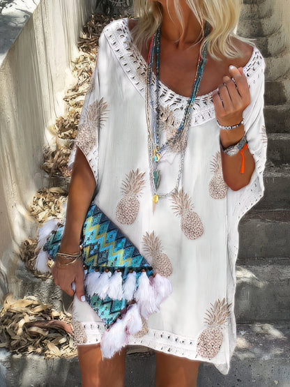 CM | Mini Vestido Casual de Encaje con Cuello en V y Estampado de Piña