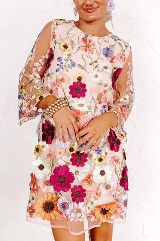 CM | Dahlia Dreaming Mini Vestido de Media Manga con Apliques Florales Bordados