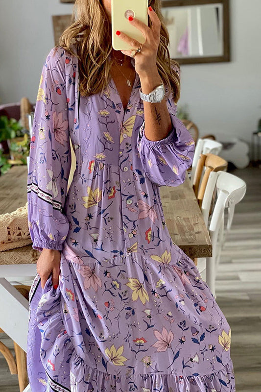 CM | Maxi Vestido de Manga Larga con Botones en Línea A Estampado Sabor Lavanda