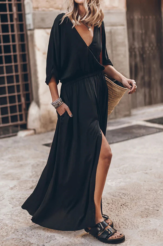 CM | Suave y Elegante Kimono Manga Elástica Cintura Bolsillo Abertura Maxi Vestido
