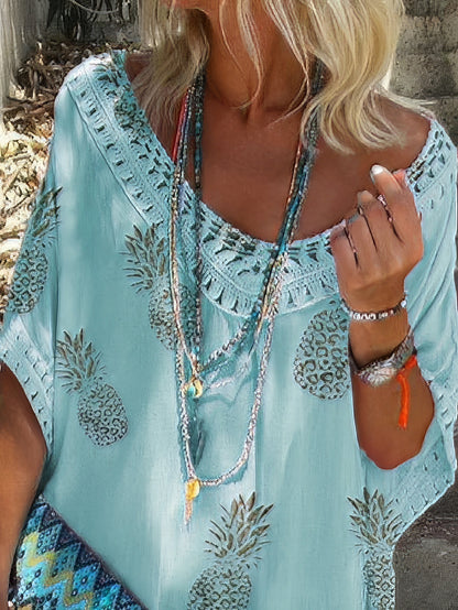 CM | Mini Vestido Casual de Encaje con Cuello en V y Estampado de Piña