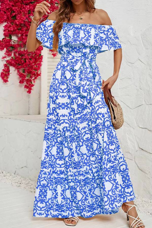 CM | Maxi vestido de manga corta con hombros al descubierto y estampado de volantes