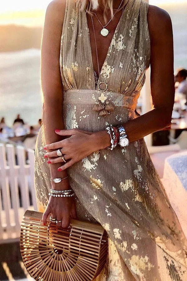CM | Golden Sunset Stories maxi vestido con escote en V