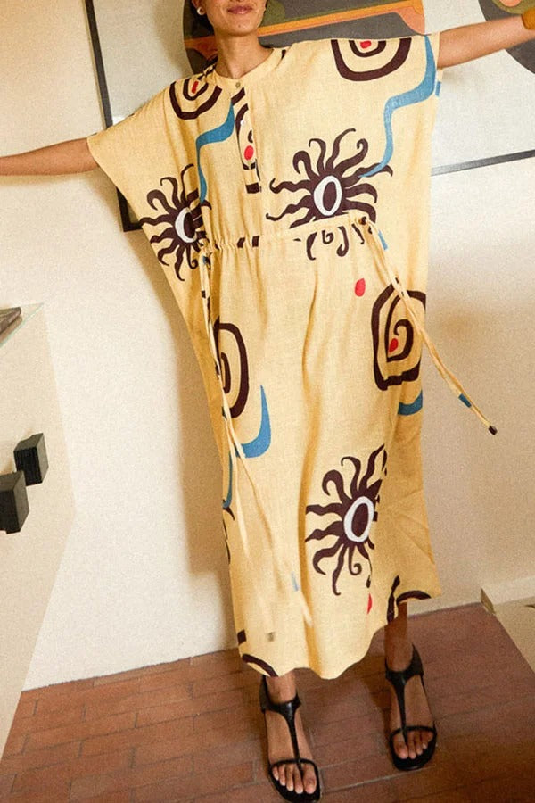 CM | Helia Mezcla de Lino Estampado Único Maxi Vestido Kaftan con Cintura con Cordón