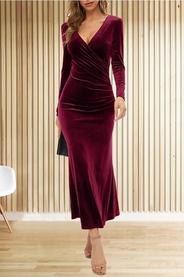 CM | Terciopelo Sólido Manga Larga Cuello en V Slim Fit Fishtail Maxi Vestido