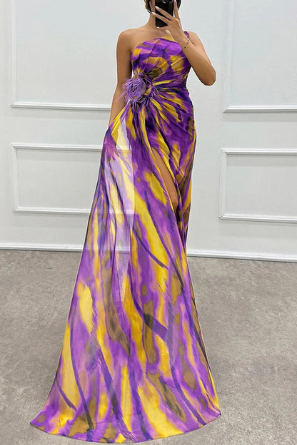 CM | Amazing Views Acuarela Imprimir Pluma Rosa Detalle Off Shoulder Plisado Hendidura Maxi Vestido