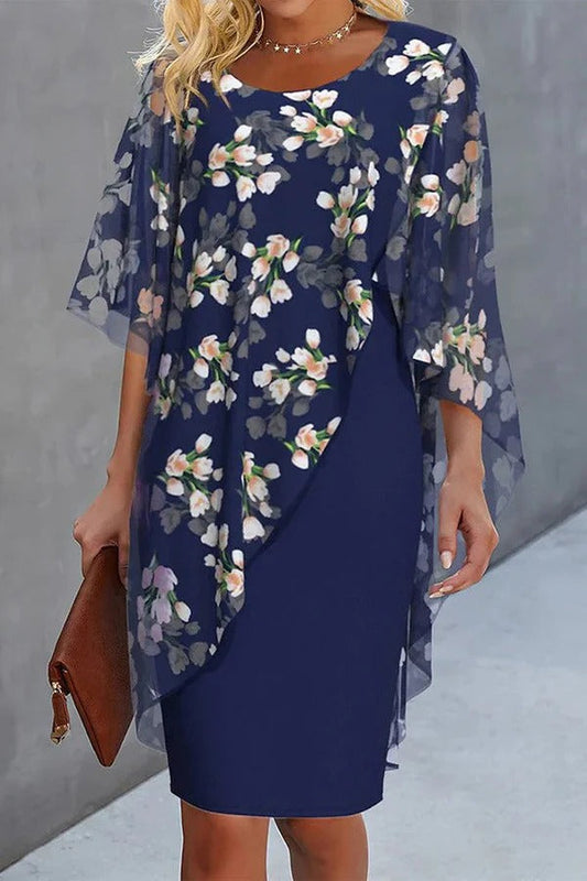 CM | Gasa Estampado Floral Cuello Redondo Mini Vestido Casual