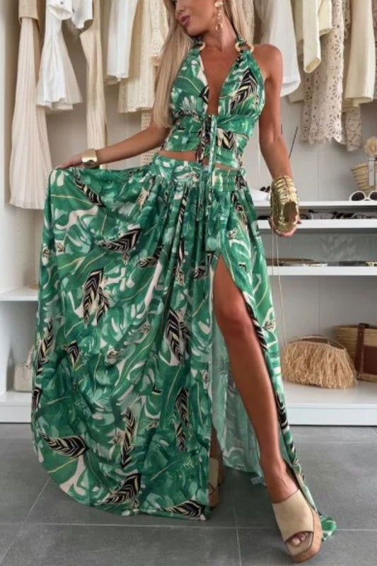 CM | Paisaje Amazónico Impresión Única Cuello Atado Cintura Anillo Halter Hendidura Maxi Vestido