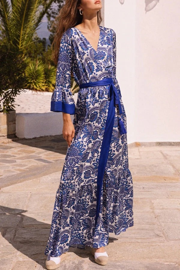 CM | Greek Island Satén Cinturón de borlas estampado floral único Maxi vestido de aspecto envolvente