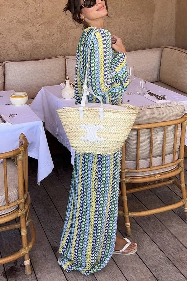 CM | Bondi beach tejido de punto con estampado de olas de colores maxi vestido de vacaciones de manga larga