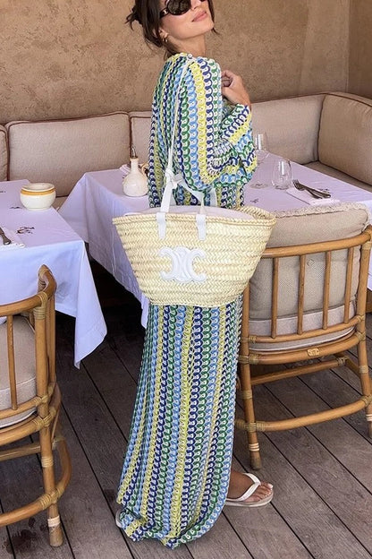 CM | Bondi beach tejido de punto con estampado de olas de colores maxi vestido de vacaciones de manga larga