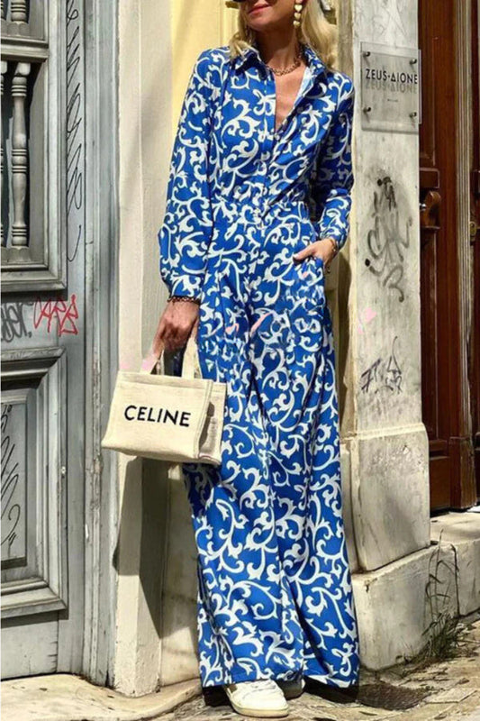 CM | maxi vestido camisa manga larga bolsillo botones solapa estampado étnico