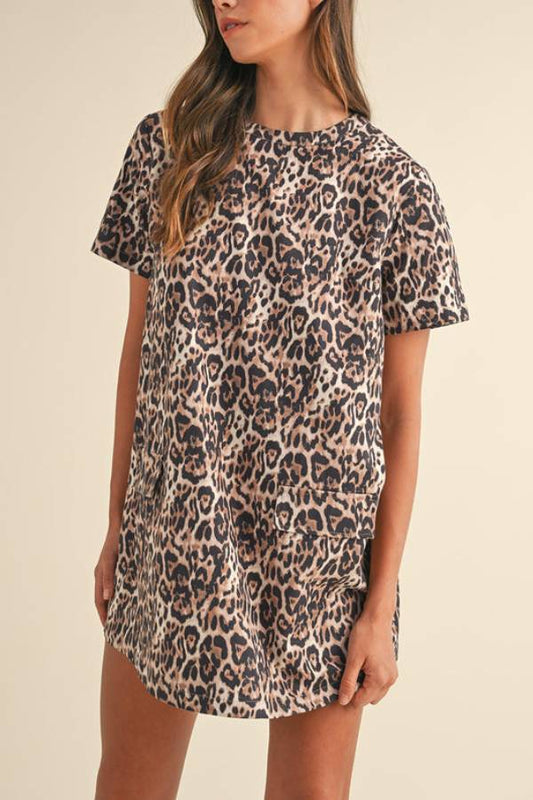 CM | Marrón Leopardo Mini Vestido de Manga Corta con Bolsillo