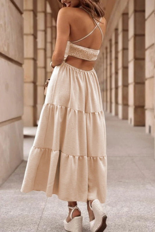 CM | Vestido cruzado en color avena con corpiño sin espalda y maxi vestido con capas