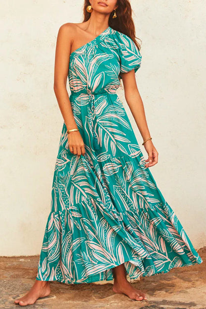 CM | Maxivestido estampado con un hombro y cintura con cordón