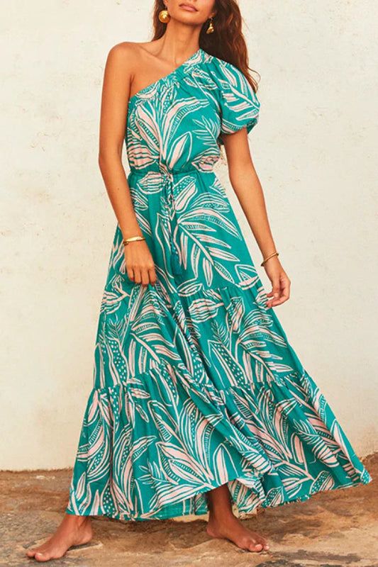 CM | Maxivestido estampado con un hombro y cintura con cordón