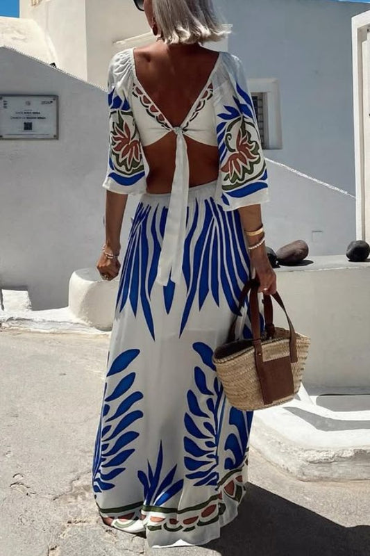 CM | Mezcla de lino estampado único Cuello en V Espalda Hueca Encaje Libre Maxi Vestido de Vacaciones