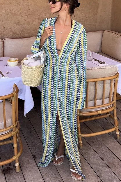CM | Bondi beach tejido de punto con estampado de olas de colores maxi vestido de vacaciones de manga larga