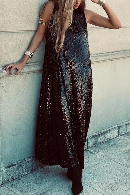 CM | Twas The Night Lentejuelas Cuello Redondo Sin Mangas Drapeado Suelto Maxi Vestido