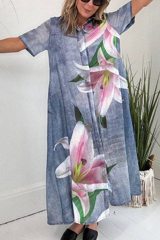 CM | Faux Denim Tela Orchid Print Bolsillo Camisa Maxi Vestido