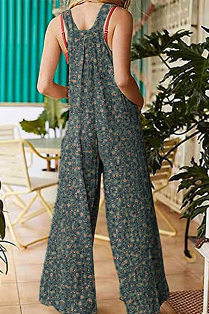 CM | Casual Floral Split Joint Pocket Square Collar Regular Jumpsuits