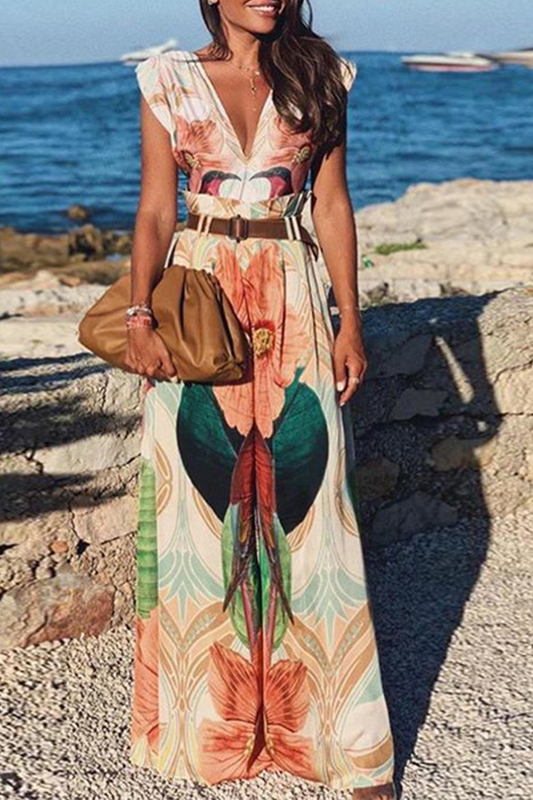 CM | Casual Print Patchwork V Neck Straight Jumpsuits