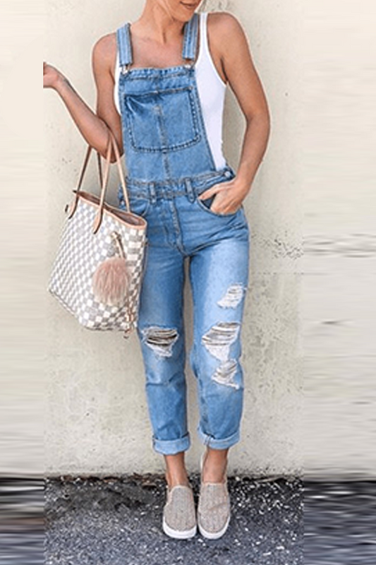 CM | Casual Sólido Patchwork Cuello Cuadrado Sin Mangas Harlan Denim Jumpsuits