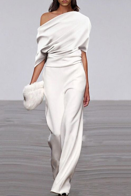 CM | Casual Solid Patchwork One Shoulder Straight Jumpsuits