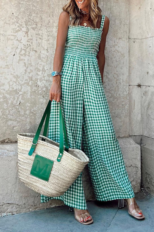 CM | Casual Plaid Print Patchwork Spaghetti Strap Straight Jumpsuits(4 Colours)