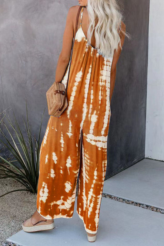 CM | Casual Patchwork Tie-dye Spaghetti Strap Straight Jumpsuits(10 colors)