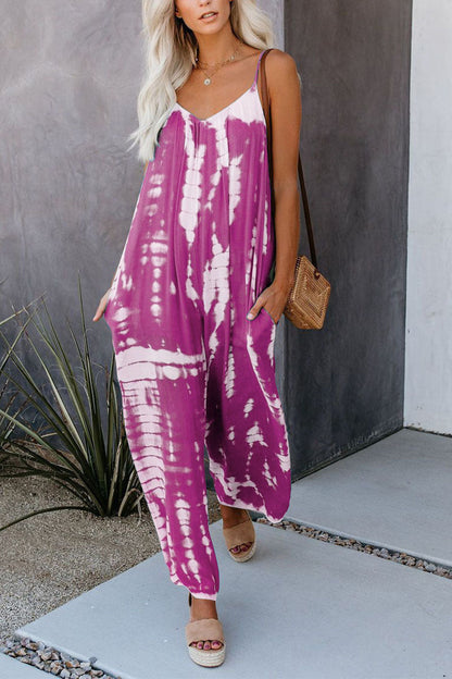 CM | Casual Patchwork Tie-dye Spaghetti Strap Straight Jumpsuits(10 colors)