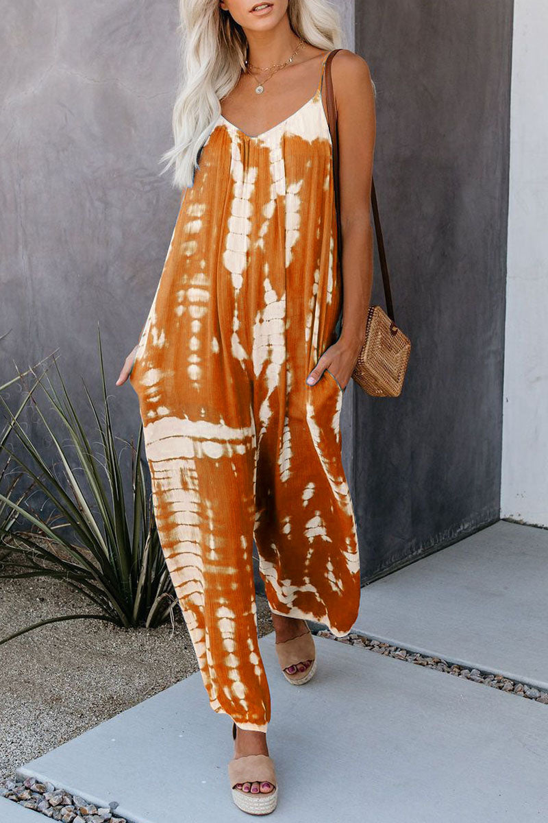 CM | Casual Patchwork Tie-dye Spaghetti Strap Straight Jumpsuits(10 colors)