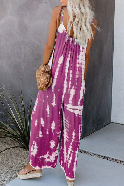 CM | Casual Patchwork Tie-dye Spaghetti Strap Straight Jumpsuits(10 colors)