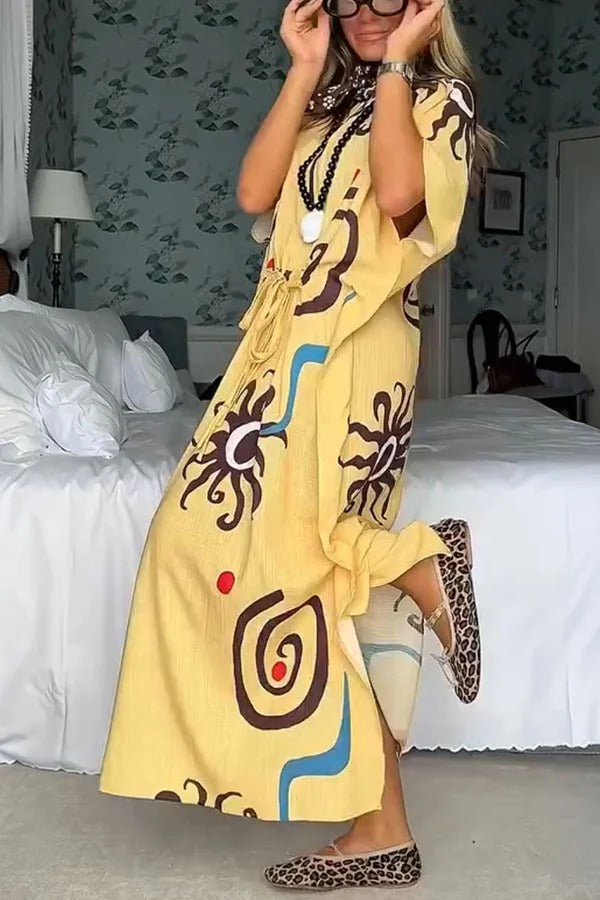 CM | Helia Mezcla de Lino Estampado Único Maxi Vestido Kaftan con Cintura con Cordón
