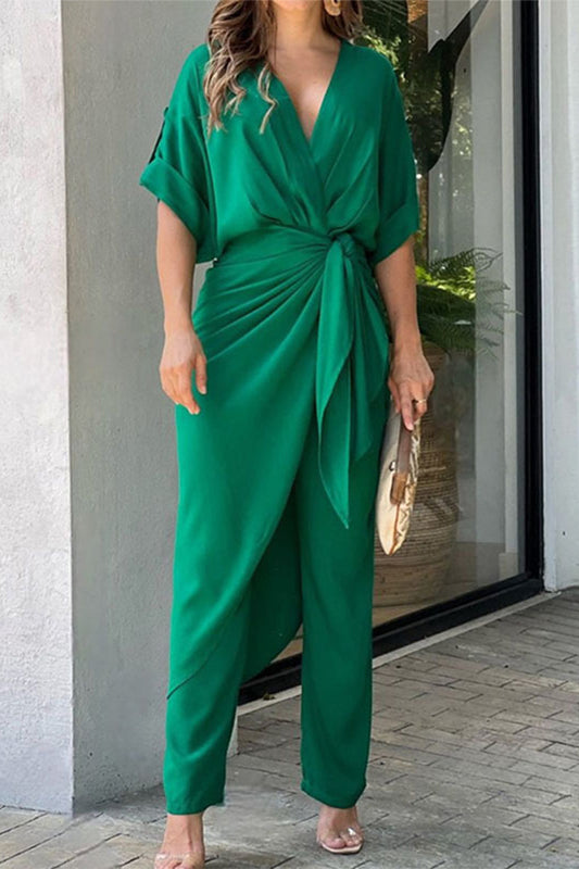 CM | Casual Sólido Frenillo Cuello en V Regular Jumpsuits(3 colores)
