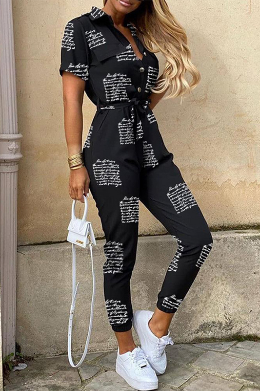 CM | Casual Print Patchwork Turn-down Collar Regular Jumpsuits