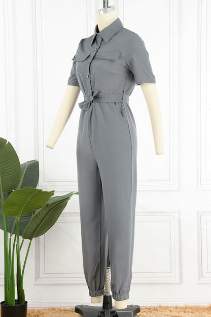 CM | Casual Diario Sólido Frenillo con Cinturón Cuello vuelto Regular Jumpsuits(10 Colours)