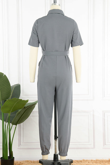 CM | Casual Diario Sólido Frenillo con Cinturón Cuello vuelto Regular Jumpsuits(10 Colours)